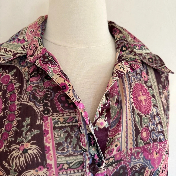 Y2K Fairy Boho Whimsigoth Blouse Size XXS/XS Paisley Purple Pink Chiffon Top - Picture 3 of 8
